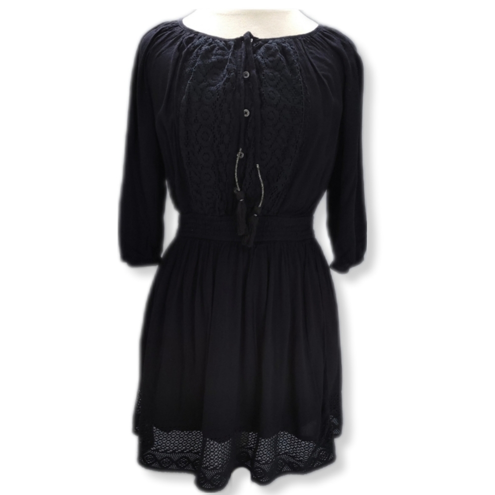 Hollister Womens S Top Black 1/2 Sleeve Crinkle Effect Crochet Trim Boho Tunic